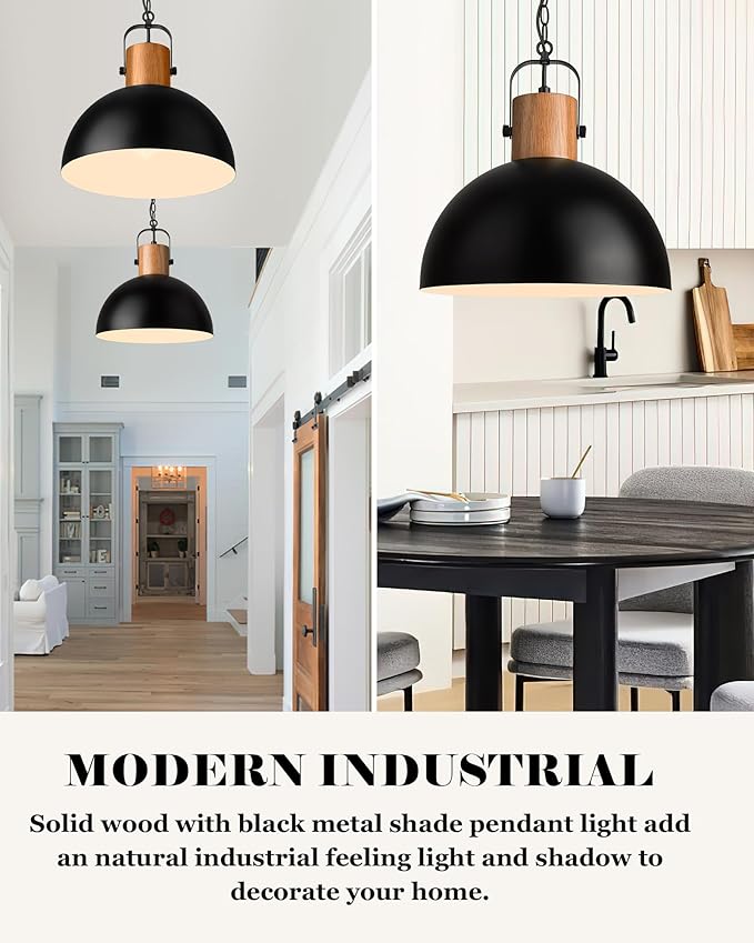 ELYONA Dome Pendant Light 16" Vintage Chandeliers Rubber Wood & Black Metal Hanging Lamp Adjustable Industrial Large Pendant Light Fixtures for Kitchen Island Farmhouse Dining Living Room Hallway