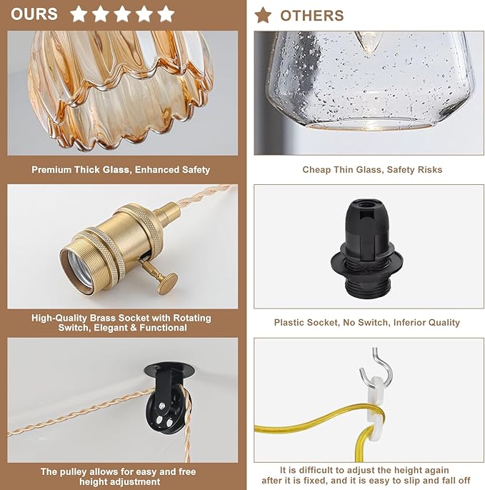 Plug in Pendant Light Fixtures, Hanging Light Fixture Vintage Glass Pendant Light, Mini Amber Tulip Hanging Lamp, Pendant Lighting for Kitchen Island, Bedroom, Dining Room, Living Room