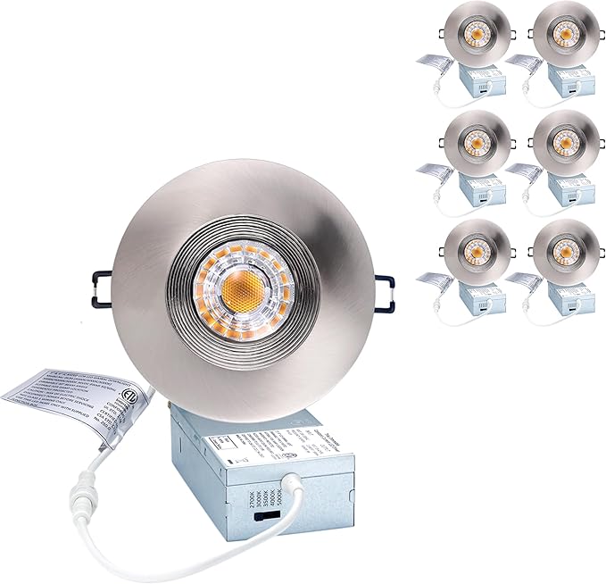 POPANU Premium Canless Recessed Gimbal Downlight Rotatable-Spotlight 5 CCT Eyeball Ceilling Potlight, Dimmable Lights Fixture with Junction Box, 8W CCT Adjustable (Brushed Nickel, 4 Inch)