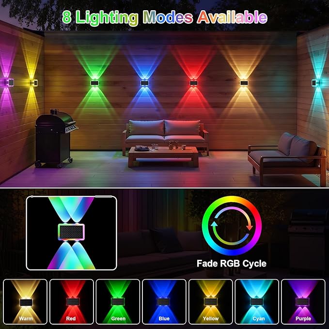 AUDLES Solar Fence Lights Outdoor, New Up Down Lighting Fence Lights Solar Powered with 8 Modes Warm White/RGB, IP65 Waterproof Solar Wall Light for Backyard Wall Pathway Deck Patio Decor - 8 Pack