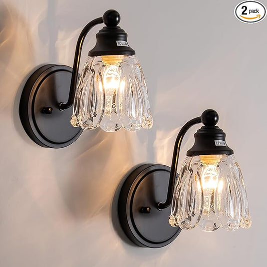 KSRYSZCQ Vintage Black Wall Sconce Set ot Two,Hardwired Matte Black Bathroom sconces Wall Lighting with Glass lampshape,E12 sconces Wall Decor Set of 2 for Living Room Porch Staircase Hallway Bedroom
