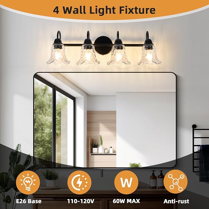Bathroom Light Fixtures over Mirror, 4 Lights Vintage Wall Sconces with Hammered Glass Shade, 26.8" Matte Black Farmhouse Bathroom Wall Light Fixtures for Bedroom, Porch, Hotel, Mirror Cabinet