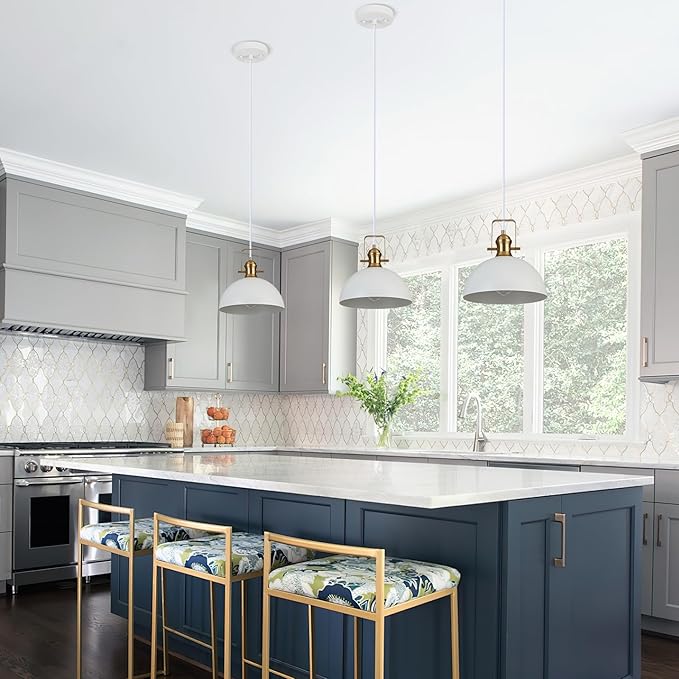 12 Inch Pendant Lights for Kitchen Island Matte White Farmhouse Pendant Light fixtures Adjustable Height Dome Hanging Light for Dinning Room Bedroom Hallway,3 Packs