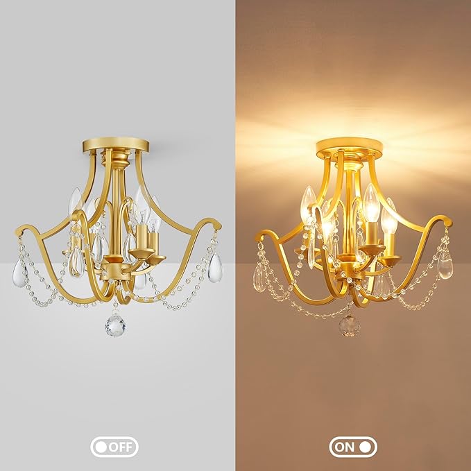 Modern 4-Light Maria Theresa Candle Chandelier Ceiling Light, Gold Ceil Light Fixture for Dining Room, Living Room, Bedroom, Farmhouse Style, Vintage Antique Design, D15.7*H14.6inch