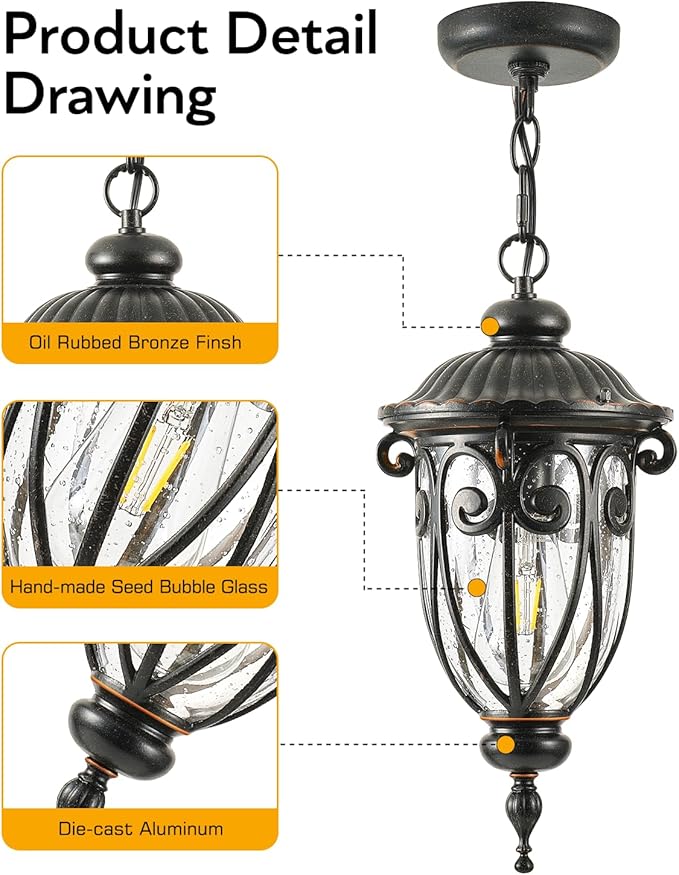 VIANIS Outdoor Pendant Light Lantern, Farmhouse Outdoor Chandelier, Vintage Outdoor Hanging Lights with Seed Glass, Brown Ceiling Lights for Porch, Porch Lights Ceiling for House