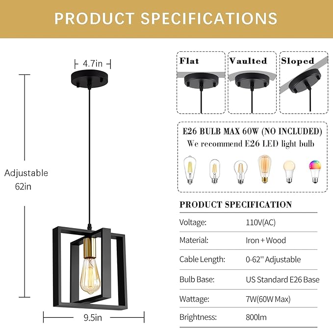 9MMML Black Pendant Lights Kitchen Island Set of 3, Farmhouse Hanging Lamp with 62'' Height Adjustable Cord, Small Wood Ceiling Pendant Light Fixture for Dining Room, Entryway, Foyer