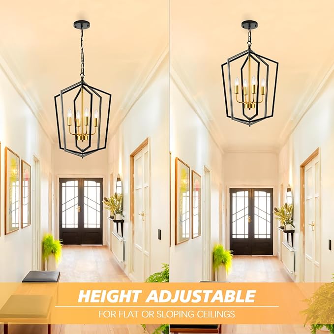 WJShome 18.1" Black and Gold Chandelier, 4-Light Farmhouse Dining Room Light Fixture, Modern Foyer Lighting Fixtures, Rustic Lantern Pendant Light, for Kitchen Island,Staircase,Entryway