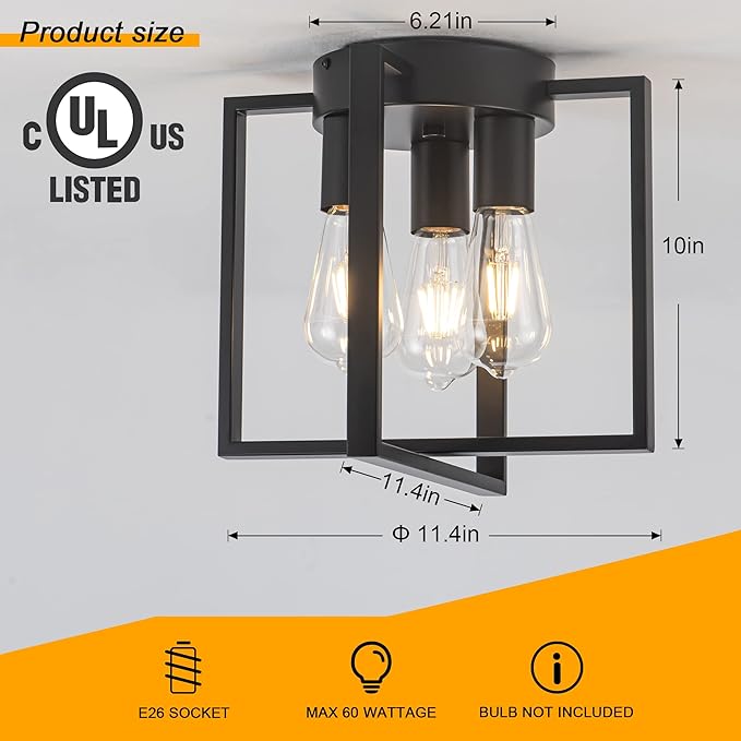 3-Light Flush Mount Ceiling Black Metal Frame Ceiling Light Farmhouse Light Fixture for Kitchen Island Entryway Porch Foyer Dining Room, E26 Ceramic Base