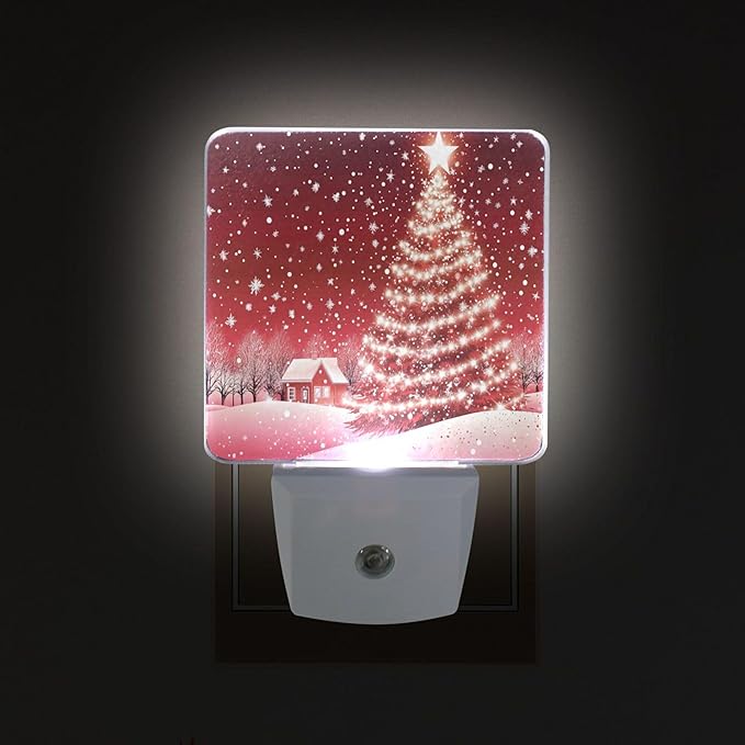 Christmas Tree Red Night Light LED Sensor Set of 2 Winter Snow Scene Xmas Table Desk Lamps with Adjustable Brightness Eye-Caring for Home Bedroom Office Parlour