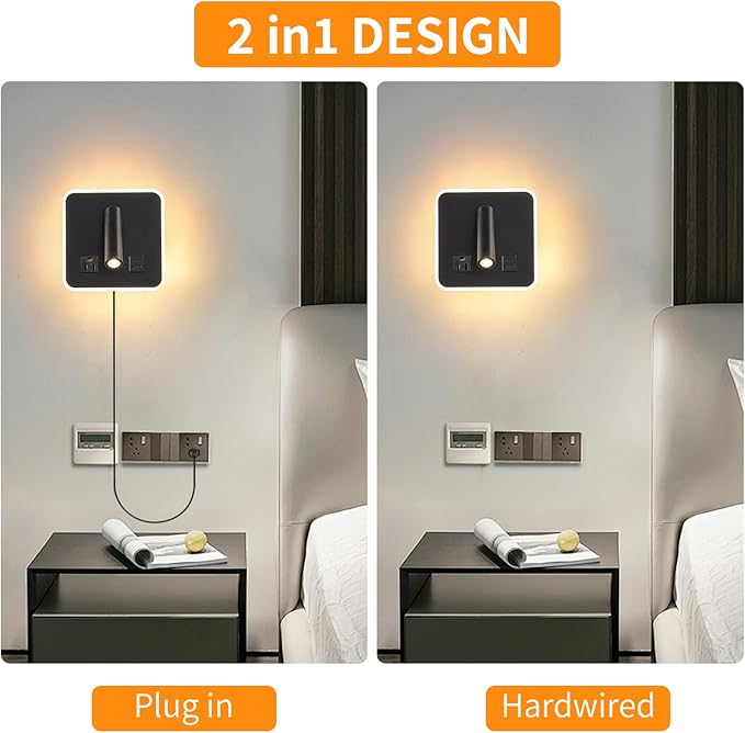 LED Wall Lamp Dimming Wall Mounted Reading Lights, Adjustable Headboard Plug in Wall Sconce with USB+USB C Ports, Headboard Bedside Lamp with 6W+3W Night Light 3000K (Black)