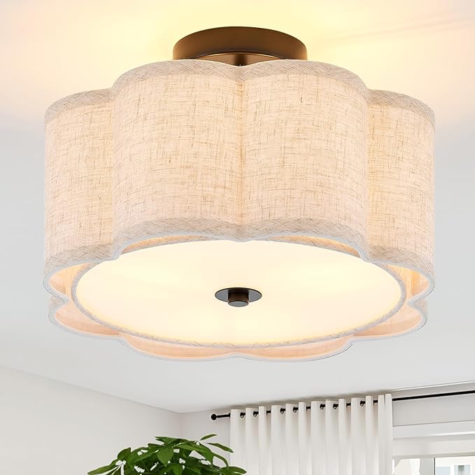 Semi Flush Mount Ceiling Light, Beige Linen Fabric Shade Ceiling Light, Black Modern Farmhouse Close to Ceiling Light for Bedroom, Hallway, Living Room, Dining Room, Laundry Room