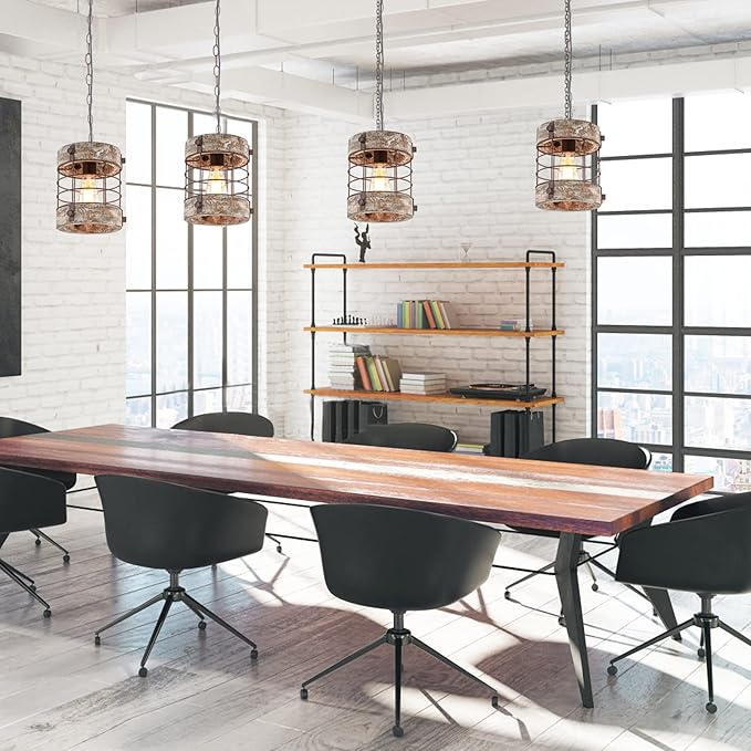 Retro Industrial Metal and Wood Chandelier 1-Light Round Cage Pendant Light Fixture for Kitchen Island Foyer Hallway Bar Dining Room Restaurant, D 7.8" x H 8.58" (White Brown)