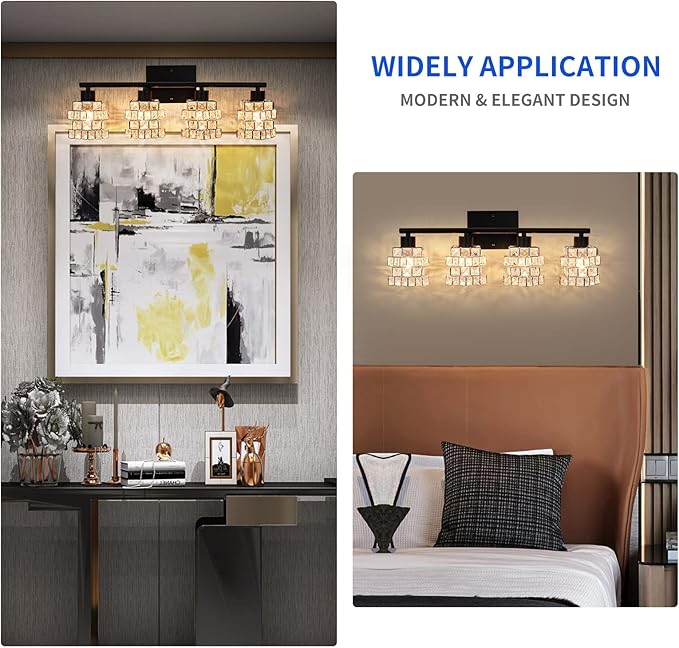 4 Lights Bathroom Vanity Light, Crystal Bathroom Light Fixture Over Mirror, Matte Black & Crystal Indoor Wall Lights | Chrome Glass Modern Lampshade for Sink, Mirror & Foyer Corridor
