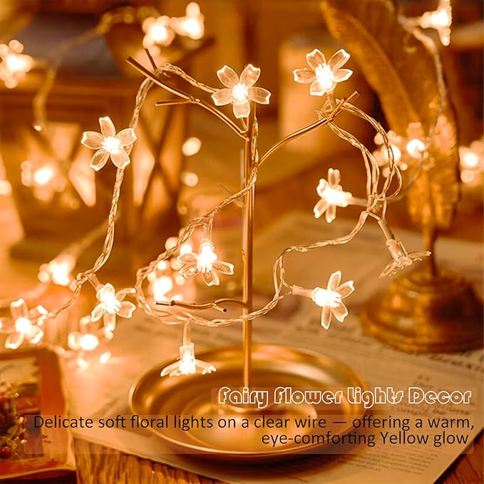 Battery & USB Lighted 10ft 30 LED Warm White Fairy Flower String Lights | Cute Cherry Blossom Fairy Lamp Decor For Indoor Outdoor Christmas, Valentine's Day, Halloween, Easter, Xmas Tree Hanging