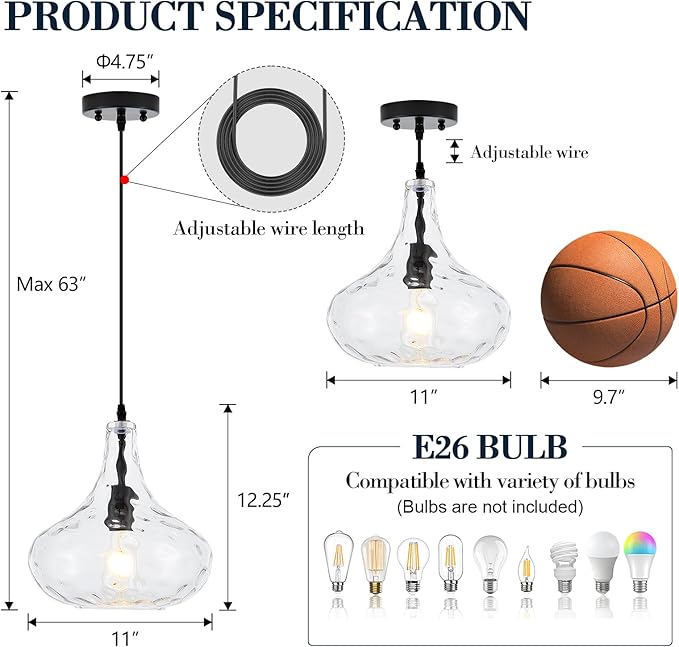 Black Glass Pendant Light Hand-Blown Hammered Glass Shade 11inch Large Modern Pendant Lighting Fixtures for Kitchen Island 1 Light Ceiling Hanging Light for Kitchen Sink Dining Room Hallway, UL Listed