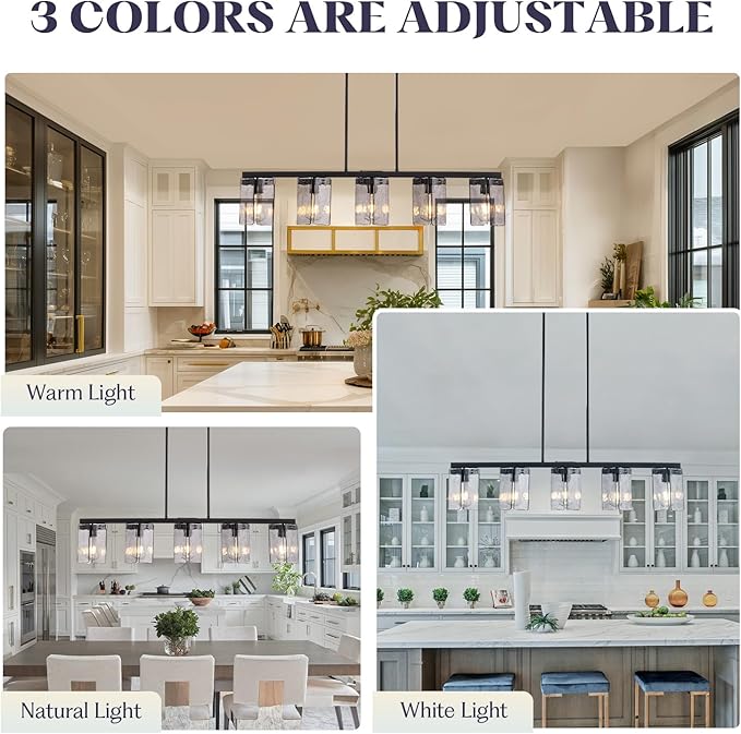 L41.3 ''Farmhouse Linear Chandelier for Dining Room,5 Lights Kitchen Island Light Fixtures,Matte Black Chandeliers with Smoked Glass Shade,and Height Adjustable