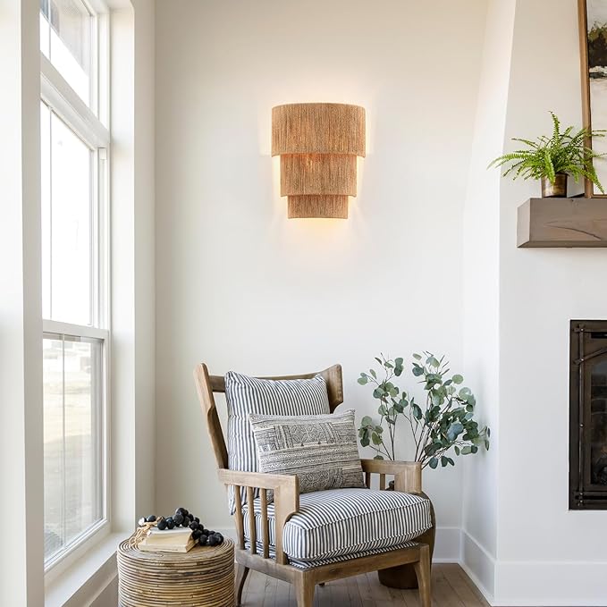 Set of 2 Hand Woven Rattan Wall Sconces 3 Round Transitional Minimalist Boho Wall Lights Coastal Wall Lamp for Bedside Hallway Vanity Stairway Fireplace Living Room, UL Listed