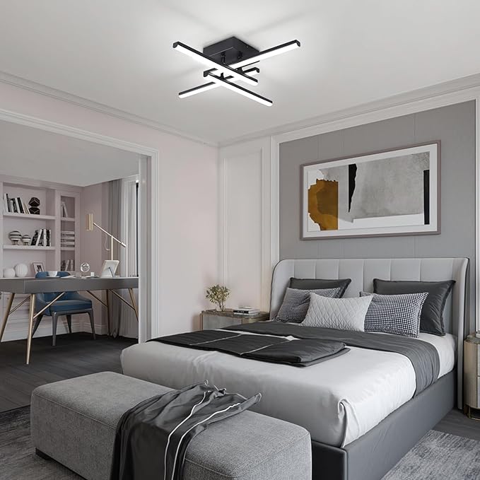 ElDISUNY Modem LED Ceiling Light, 24w Black Sputnik Ceiling Light, 6500K Cool White Flush Mount Ceiling Light Fixture for Bedroom Hallway Living Room Dining Room Coridor Kitchen