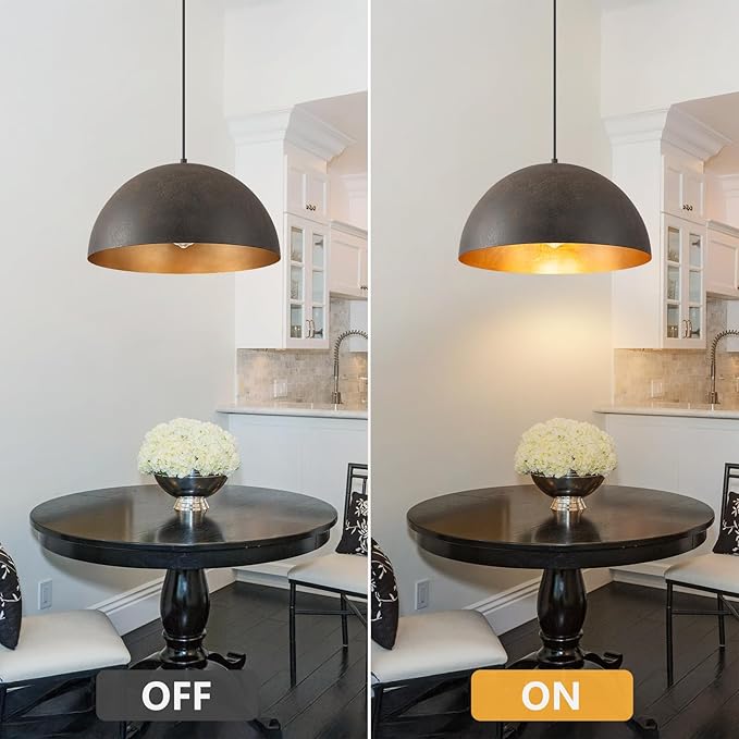Farmhouse Pendant Light,15.7" Black with Brown Grain Industrial Dome Light Fixture,Adjustable Vintage Chandelier for Kitchen Island,Dining Room,and Bedroom