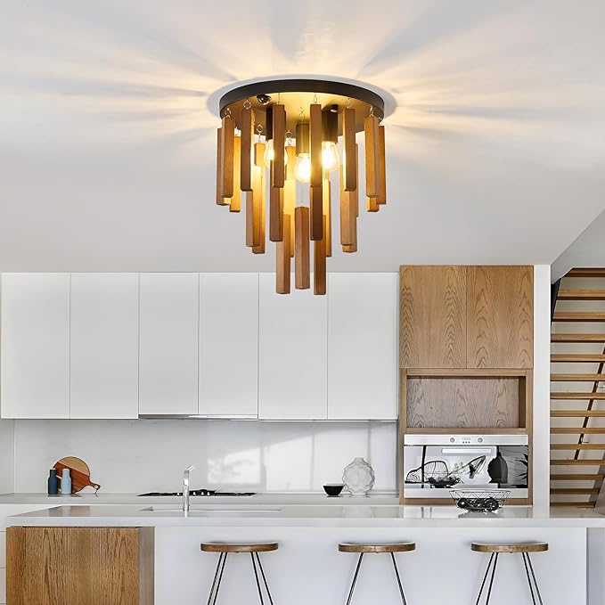 Motion Sensor Semi Flush Mount Ceiling Lights Boho Wood Light Fixture 3-Light Farmhouse Chandelier Oak and Black Ceiling Lighting with E26 for Kitchen Living Room Entryway Bedroom Dining Room