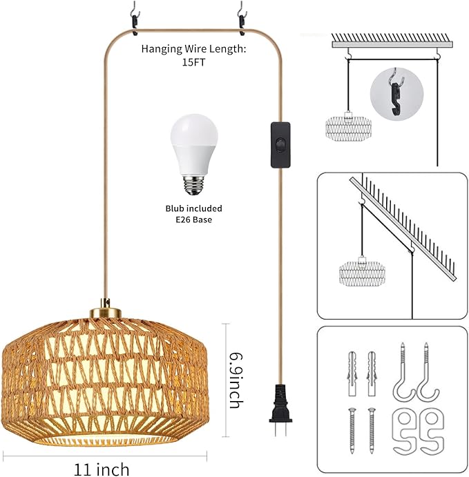 Plug in Pendant Light, Rattan Hanging Lights with Plug in Cord, Rattan Woven and Fabric 2 in 1 LampShade, Hanging Lamp Plug in for Bedroom Living Room Kitchen Island (Bulb Included)