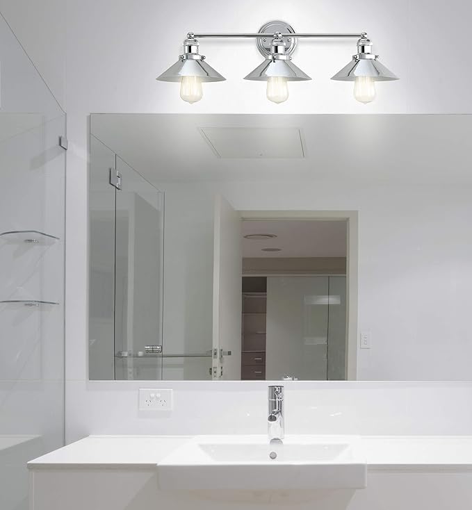 JONATHAN Y 26.5" Chrome 3-Light Industrial Farmhouse Metal Vanity Light Wall Sconce, Metal Shade for Bathroom Mirror, Kitchen, Entryway, LED Bulb Included (JYL7425A)