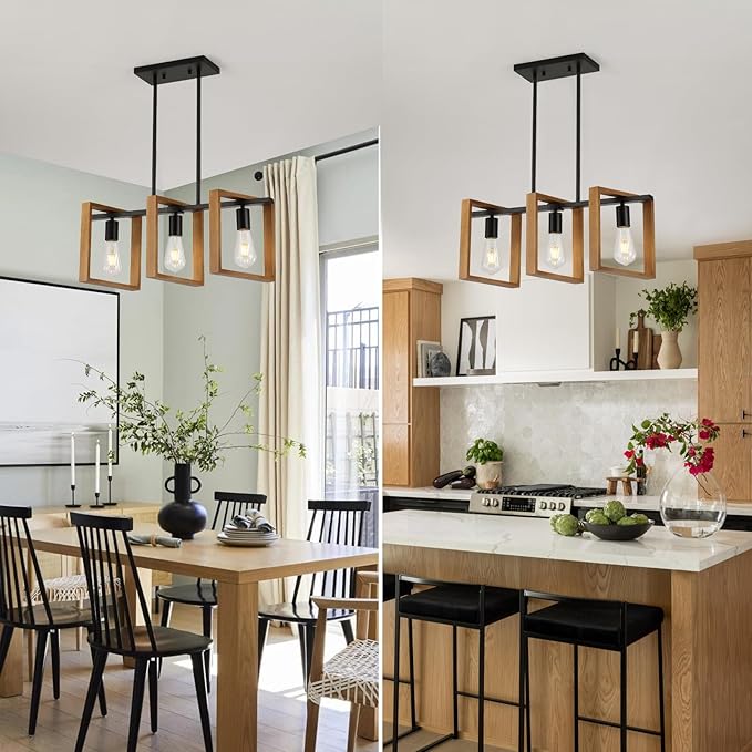 9MMML 3 Lights Kitchen Island Lighting, Black 3 Lights Dining Room Chandelier,Wood Frame Pendant Light for Living Room Foyer Entryway Hallway,E26