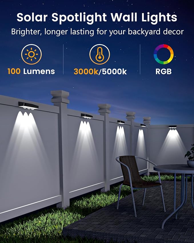 JOFIOS Solar Fence Lights Outdoor Waterproof Led, 8Pack,1300mAh, 6 Inch Solar Lights for Fence with Warm White & RGB 8 Colors, Outdoor Solar Lights for Patio, Backyard, Deck, Fence, Railing (Black)