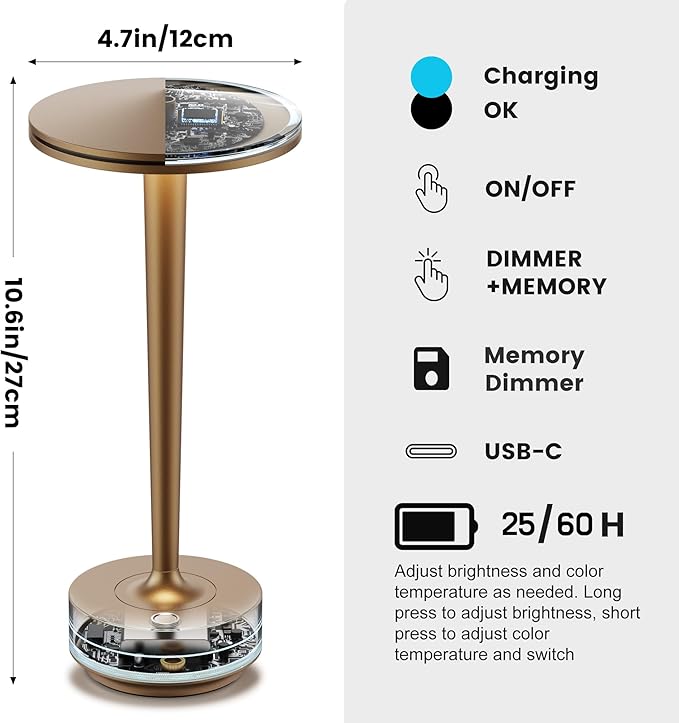 Cordless Table Lamp Rechargeable,6000mAh Battery Operated LED Desk Lamp 3 Color Stepless Touch Dimming,Waterproof Portable Memory Function Light for Bedroom,Outdoor,Patio,Dining,Restaurant Bronze 2P