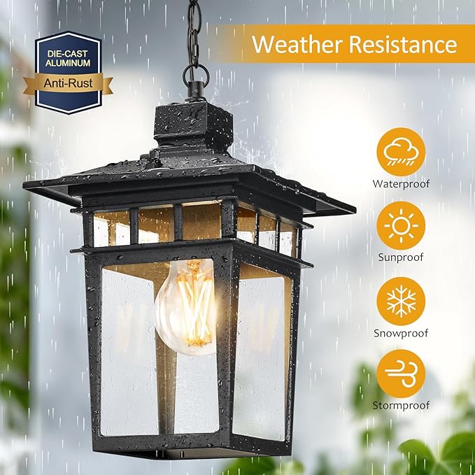 Dusk to Dawn Outdoor Pendant Light,Black Hanging Porch Light,Vintage Outdoor Chandelier,Waterproof Aluminum Exterior Pendant Lighting Fixture with Tempered Glass,Hanging Lights for Front Door Gazebo