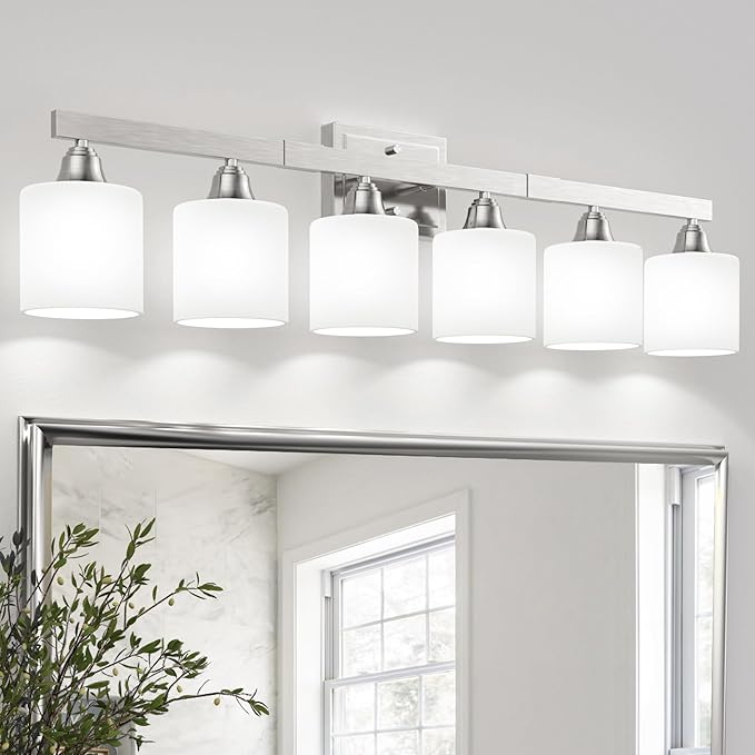 VOLISUN Brushed Nickel Bathroom Light Fixtures, 6-Light Bathroom Vanity Lights Over Mirror, Modern Vanity Light for Bathrooms, Bathrooms Lights Fixtures Over Mirror with Milky White Glass Shades