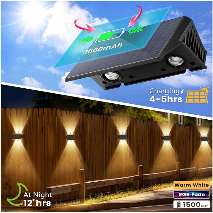 Fence Lights Solar Powered, 4-Pack Solar Fence Lights Up/Down Flexible Buttons, IP67 Waterproof for Outdoor, 100LM Bright, Auto Dusk to Dawn for Wall/Stairs/Yard/Railing/Deck/Pathway (White & RGB)