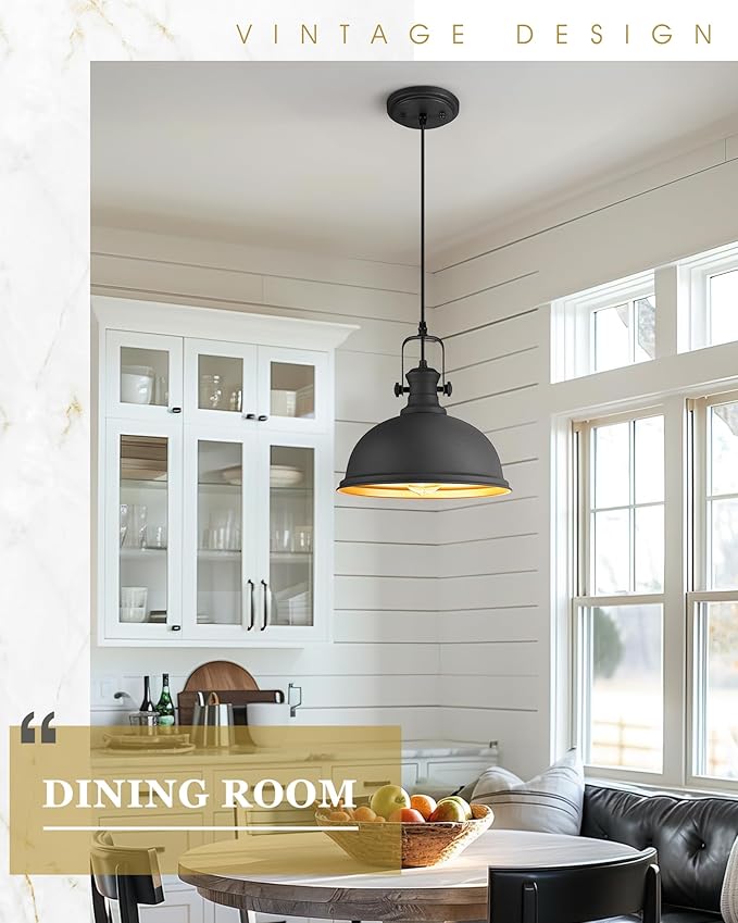 2-Pack Pendant Lights Kitchen Island, Farmhouse Hanging Lights Fixtures with Metal Shade, Rustic Kitchen Pendant Lighting Over Island for Dining Room, Matte Black, AD-2151-1P2L-BK