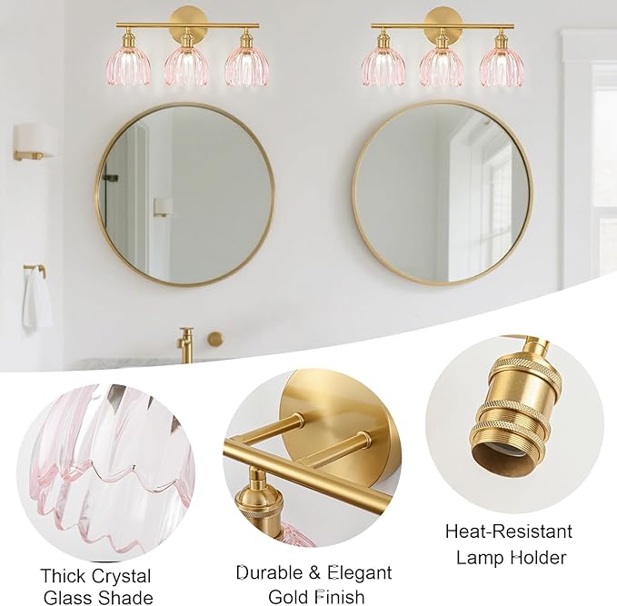 Gold Bathroom Light Fixtures Over Mirror, 3 Light Bathroom Vanity Light Fixture with Tulip Pink Glass Lampshade, Vintage Vanity Lights for Bathroom, Bathroom Vanity Lights Over Mirror