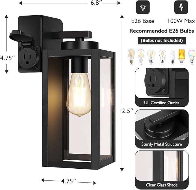BesLowe 2-Pack Porch Lights Outdoor with UL Certified Outlet, Modern Outdoor Wall Lights Exterior Lighting Fixtures Waterproof, Exterior Wall Sconces Outside Lights for House Front Door Garage, Black