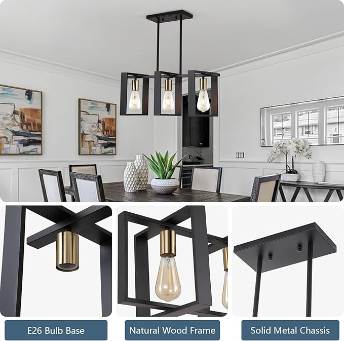 9MMML 3 Lights Kitchen Island Lighting, Modern Rectangle Linear Pendant Light, Black Frame+ Gold Socket Chandelier for Dining &Living Room Foyer Entryway Hallway,E26,Height Adjustable.