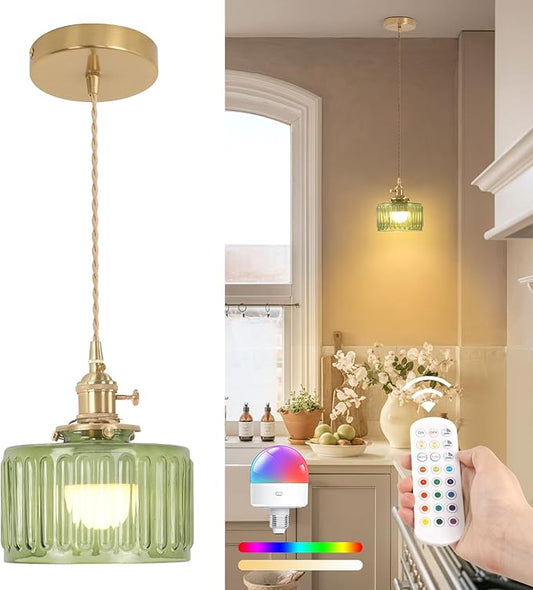 Shenmoyl Battery Operated Pendant Light 5000mAh Rechargeable Chandelier with Remote Control Wireless Adjustable Hanging Green Striped Light for Kitchen Island Dining Room Hallway