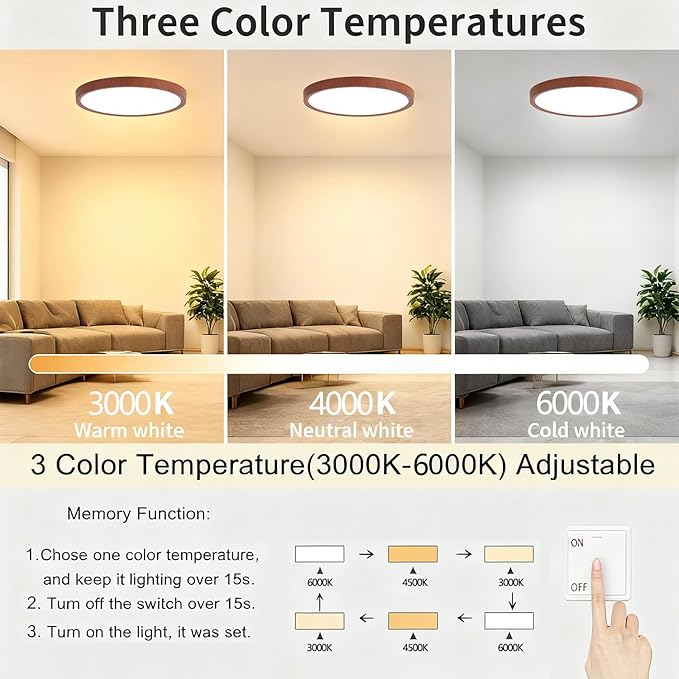 COTULIN 12 Inch LED Wood Grain Flush Mount Ceiling Light Fixture, Modern 22W Round Flat Overhead 3000K-4000K-6000K Selectable Ceiling lamp for Bedroom, Living Room, Kitchen, Entryway