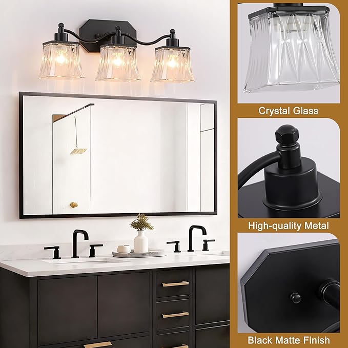 Bathroom Vanity Light Fixtures, 3-Light Vintage Matte Black Vanity Lights with Crystal Glass Shades, Farmhouse Bathroom Lighting Fixtures Over Mirror for Bathroom Bedroom Hallway