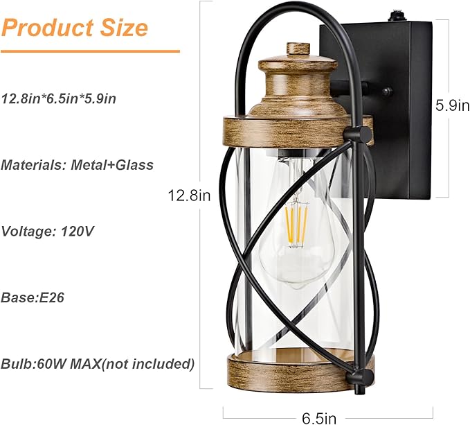 Dusk to Dawn Outdoor Wall Lights Fixtures, Waterproof Exterior Lighting Fixtures with Photocell Sensor,Vintage Faux Wood Grain Metal Cage Lantern Outside Lights for Porch Patio House Garage（2 Pack）