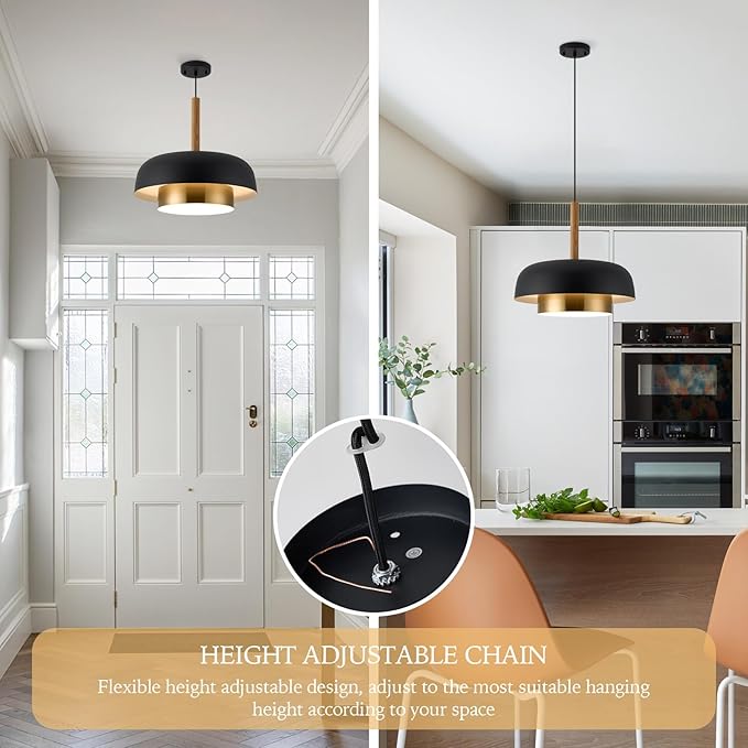 Mid Century Large Pendant Lighting,18.8 inch,Double-Layer,Real Wood Accent,Black and Gold Modern Chandelier for Dining Room,Kitchen, Living Room