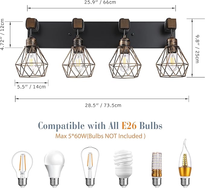 Black Gold Farmhouse Bathroom Light Fixtures, 4-Light Bathroom Lighting Fixtures Over Mirror, Rustic Wood Vanity Lights Wall Sconces with Metal Lampshade for Living Room