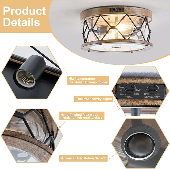 Motion Sensor Outdoor Flush Mount Ceiling Light, Industrial Glass Rustic Wood-Like Finish 2-Light Ceiling Lamp for Porch, Entryway, Garage, Timer and Sensitivity Adjustable (Wood-Like-Round)