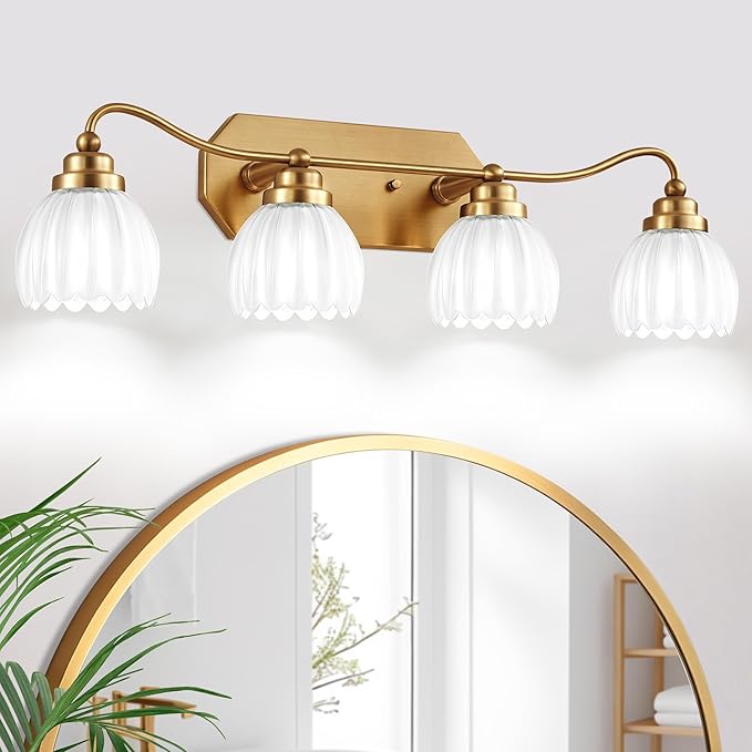 Vintage Bathroom Light Fixtures, Gold Bathroom Vanity Light, Matte Antique Brass Finish with Crystal Glass Shade, Wall Sconces Lighting for Bedroom, Living Room, Hallway (Milk White, 4-Light)