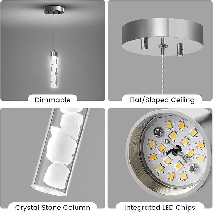 Pendant Lights Kitchen Island, Modern Mini Pendant Light Fixtures with Crystal Stone, Dimmable LED Chandelier, Chrome Hanging Light Fixture for Dining Room Hallway, 3000K/4000K/5000K Adjustable, ETL