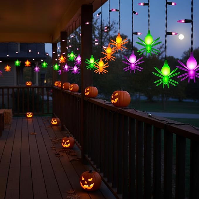 Halloween Spider String Lights Outdoor, 25 Mini Curtain String Lights with 10 Colorful Spider Lights, 7.5Ft Summerween Decoration Light for Window Patio Stair Halloween Decor