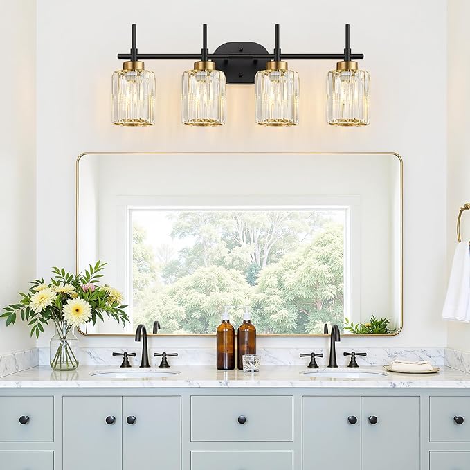 Modern Crystal Bathroom Vanity Light, 4-Light Black and Gold Bathroom Light Fixtures, Clear K9 Crystal Shades, Adjustable Up/Down Mount, E26 Base Wall Sconce (Bulbs Not Included)