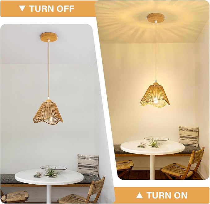 Wave Rattan Chandelier Pendant Lights Kitchen Island,Farmhouse Boho Chandeliers Adjustable Height Hanging lamp for Dining Room,Kitchen Ceiling Light Fixtures with Hand Woven Wicker Lampshade