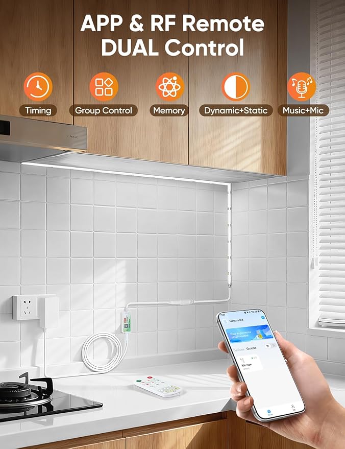 COB LED Strip Lights 6000K Cold White DC24V 16.4ft/5m CRI90+ Super Bright Dimmable Flexible LED Tape Lights with Music Sync Smart App RF Remote Control for Living Room Ceiling Cabinet Lighting