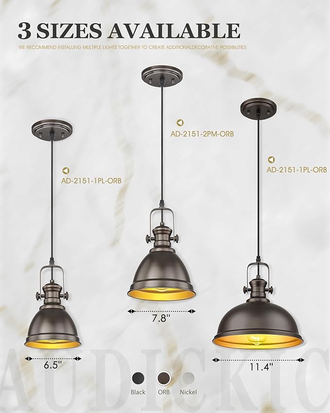 2-Pack Pendant Lights Kitchen Island, 8" Farmhouse Hanging Lights Fixtures with Metal Shade, Rustic Kitchen Pendant Lighting Over Island for Dining Room, Oil Rubbed Bronze, AD-2151-2PM-ORB